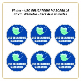 Vinilos - USO OBLIGATORIO MASCARILLA - 20 cm. diámetro - Pack de 6 unidades.