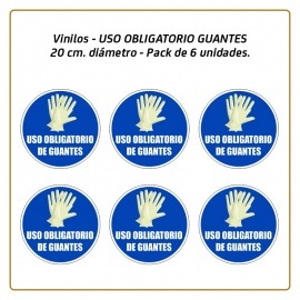 Vinilos - USO OBLIGATORIO DE GUANTES - 20 cm. diámetro - Pack de 6 unidades.
