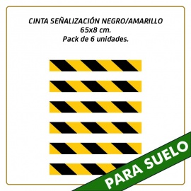 Vinilos para suelo - CINTA SEÑALIZACIÓN NEGRO/AMARILLO - 65x8 cm. - Pack de 6 unidades.